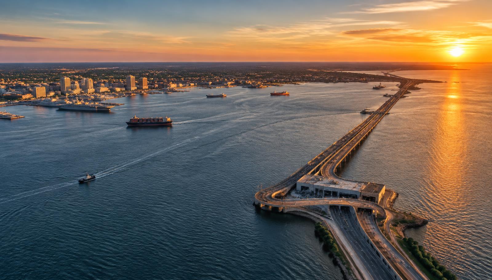 Aerial view of Hampton Roads harbor at sunset